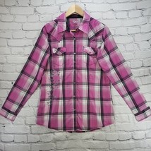 Rock 47 by Wrangler Western Shirt Womens M Pink Plaid Pearl Snap Foil Shimmer  - £15.56 GBP