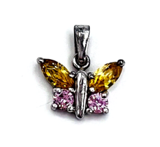 Vintage Sterling Silver Yellow Pink Crystal Petite Butterfly Pendant - £18.61 GBP