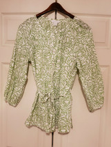 Charter Club Women&#39;s Size 12 Green &amp; White Floral Long Sleeve Tie Front Top - £7.92 GBP