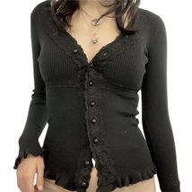 Lace Shirt Fairy Grunge Clothes y2k Aesthetic Single Breasted Long Sleev... - £15.63 GBP