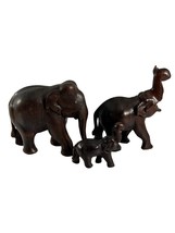 Vintage Lot 3 Dark Carved Wood Elephants Family 2 Trunks Up Figurines - £14.74 GBP