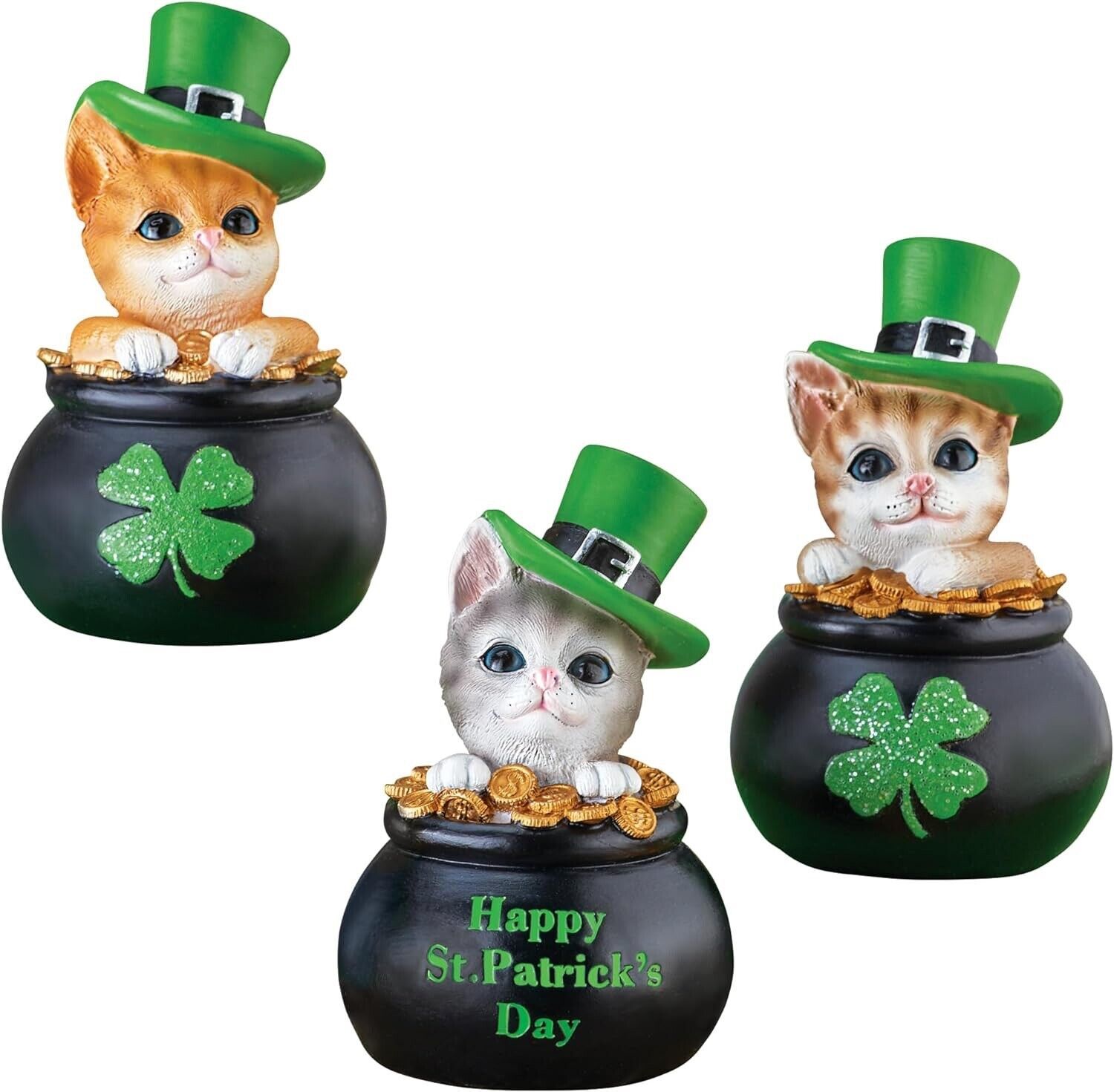 Set of 3 Kitty Cat in Pot of Gold St Patricks Day Figurine Statue Tablet... - $23.10