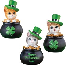 Set of 3 Kitty Cat in Pot of Gold St Patricks Day Figurine Statue Tabletop Decor - £23.23 GBP