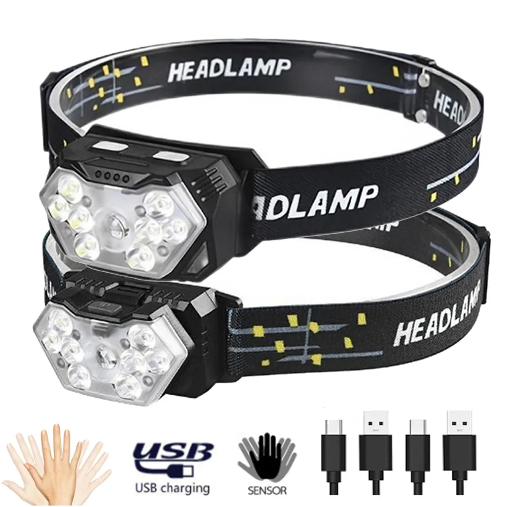 Headlamp USB Rechargeable Motion Sensor Waterproof Head Lamp with White Red - £12.83 GBP+