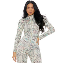 Money Print Catsuit Long Sleeve Body Suit Zip Front Mock Neck Costume 11... - $55.24