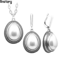 Water Drop Pendant Pearl Jewelry Set Vintage Necklace Earrings Set For Women Sta - £10.20 GBP