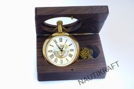 Vintage Brass Pocket Watch with Chain and Wooden Glass Box (46mm) - $26.19