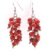 Earrings Silver Wires Bunches of Dangly Round Red Beads - $7.99