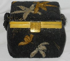 Vintage Black Beaded Corii Tokyo Evening Bag Box Purse Gold Silver Flowers - $89.95