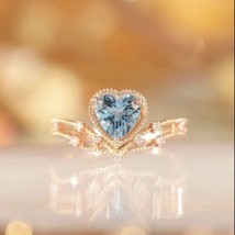 14K Rose Gold Plated Adjustable Blue Crystal Aquamarine Heart Ring for Women - £9.73 GBP