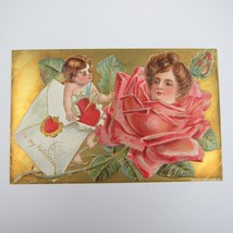 Postcard Valentine Greeting Antique 1908 Cupid Lady Rose Gold Embossed UNPOSTED - £7.83 GBP