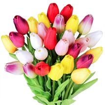 Multicolor Tulips Artificial Flowers 28 Pcs Faux Tulip Stems Spring Wedding NEW - £23.27 GBP