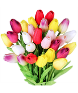 Multicolor Tulips Artificial Flowers 28 Pcs Faux Tulip Stems Spring Wedd... - £22.89 GBP