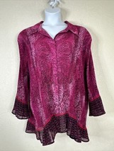 Maggie Barnes Womens Plus Size 4X Purple Paisley Crinkle Button-Up Shirt Stretch - £14.36 GBP