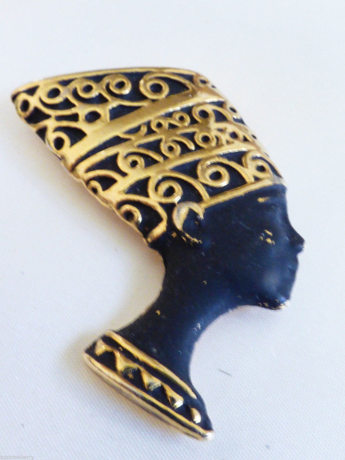 VTG gold tone metal black enamel Nefertiti Egiptian brooch pin - £23.79 GBP