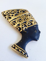 VTG gold tone metal black enamel Nefertiti Egiptian brooch pin - $29.70