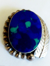 Artisan Hand Crafted Sterling Silver 925 Cobalt Blue Green Azurite oval pin - £75.17 GBP