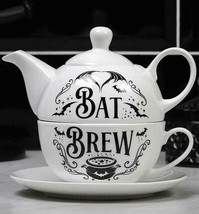 Porcelain Bat Brew Magic Cauldron Stackable Tea Pot And Cup With Saucer Set Of 3 - £39.33 GBP