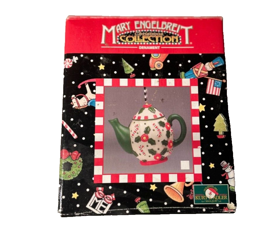 Primary image for RARE Mary Englebreit-Kurt Adler Colorful Christmas Teapot Ornament-Candy Cane