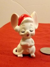 Vintage Lefton Miniature White Christmas Mouse Singing with Santa Hat Figurine - £17.20 GBP