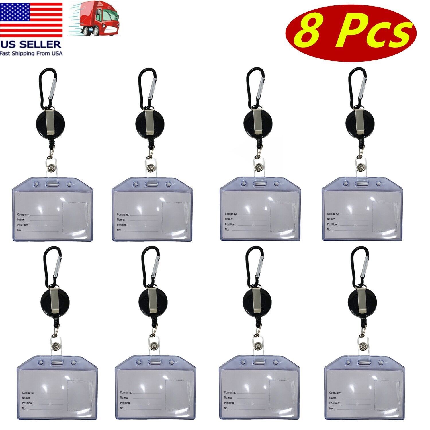 8 Pcs ID Card Holder Badge Reel, Belt Clip, Aluminum Keychain, Waterproof, Black