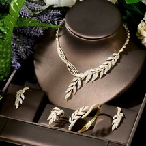 Elegant Leaf Shape Gold Color Micro Zirconia Pave Dubai Wedding Jewelry Sets For - £130.20 GBP