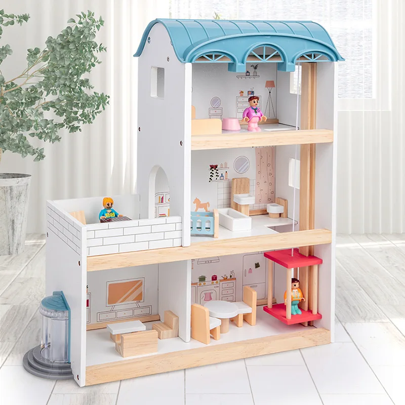 Play House Elevator Wooden Scandinavian Wind Dollhouse Toys Princess Villa Boys - £70.24 GBP