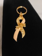 Vintage Avon Pink Ribbon Awareness Key Ring Keychain Gold Tone - £9.77 GBP