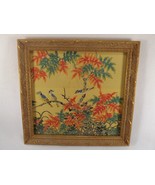 Beautiful Silk Tapestry of Blue Birds &amp; Tree Gold Leaf Carved Frame Pict... - £23.40 GBP