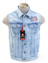 Southpole Blue Denim Distressed Destroyed Button Front USA Flag Vest Men&#39;s NWT - £63.86 GBP