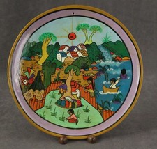 MEXICO Folk Art Redware Pottery Hand Painted Village Planting &amp; Fishing Plate - £19.12 GBP