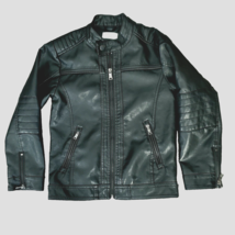 LJYH Boys Biker Jacket Size 7-8 Faux Leather Lined Black Moto Bomber Zip Pockets - £15.01 GBP