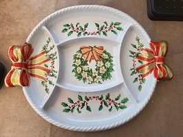 Vintage Ullman Holly Ribbon Bow Christmas Sectional Vegetable Dessert Tr... - £5.12 GBP