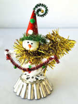 Miniature Christmas Snowman Display on Fluted Baking Tin Paper Clown Hat Tinsel - £13.79 GBP
