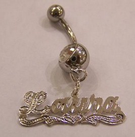 14k White gold silver overlay belly ring with name/name plate/Personalized belly - $29.99