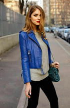 Stylish Women&#39;s Blue Leather Jacket Real Lambskin Handmade Motor Biker Casual - £83.93 GBP+