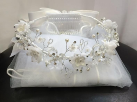 First Communion Bridal Pageant Flower Girl Tiara Crown White Veil Wedding #cm437 - £23.56 GBP