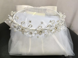 First Communion Bridal Pageant Flower Girl Tiara Crown White Veil Wedding #cm422 - £24.03 GBP