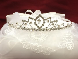 First Communion Bridal Pageant Flower Girl Tiara Crown White Veil Wedding #cm812 - £23.97 GBP