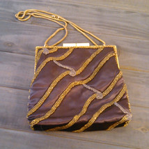Vintage 1960&#39;s Walborg Beaded Purse Dark Brown Satin with Gold &amp; Silver Seed Bea - £11.38 GBP