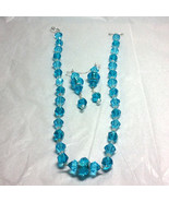 Blue Crystal and Glass Strung Necklace set w/ Wire Wrapped Acrylic Center - £12.67 GBP