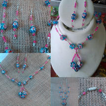 Argentium Sterling Wire Wrapped Floral Blue and Pink Beads w/ Pink Cryst... - £18.86 GBP