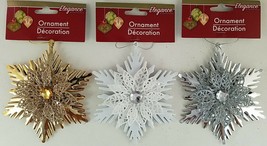 Christmas Ornaments Metal Gloss Snowflakes w Jewel &amp; Loops 1 Ct/Pk SELEC... - £2.39 GBP