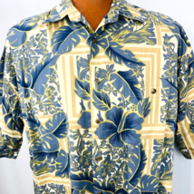 Bamboo Cay Hawaiian Aloha L Shirt Hibiscus Palm Leaves Floral Blue Brown - £40.05 GBP
