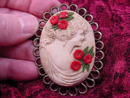 (CL6-7) WOMAN red roses in her hair Floral CAMEO Pin Pendant Jewelry brooch - £27.64 GBP