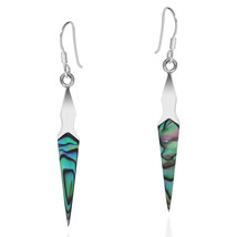 Modern Slim Pointed Cone Rainbow Abalone Sterling Silver Dangle Earrings - £16.50 GBP