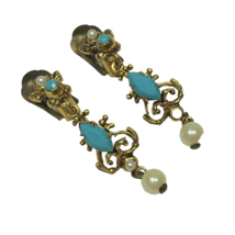 Vintage Art Deco Austria Blue Glass &amp; Faux Pearls Gold Tone Clip Earring... - $19.00