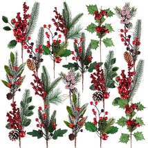 18 Pcs Christmas Picks Artificial Pine Branches Red Berry Stems Pine Picks Spray - £33.56 GBP
