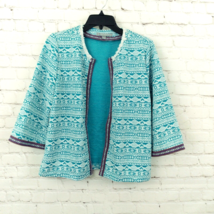 Valerie Stevens Open Front Cardigan Womens Large Blue Geometric Fringe Top Boho - £14.23 GBP