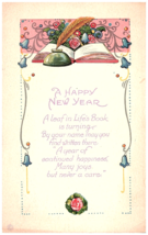 1923 Postcard Happy New Year Leaf In Life&#39;s Book Ink Well Pink Roses Bluebells - £4.69 GBP